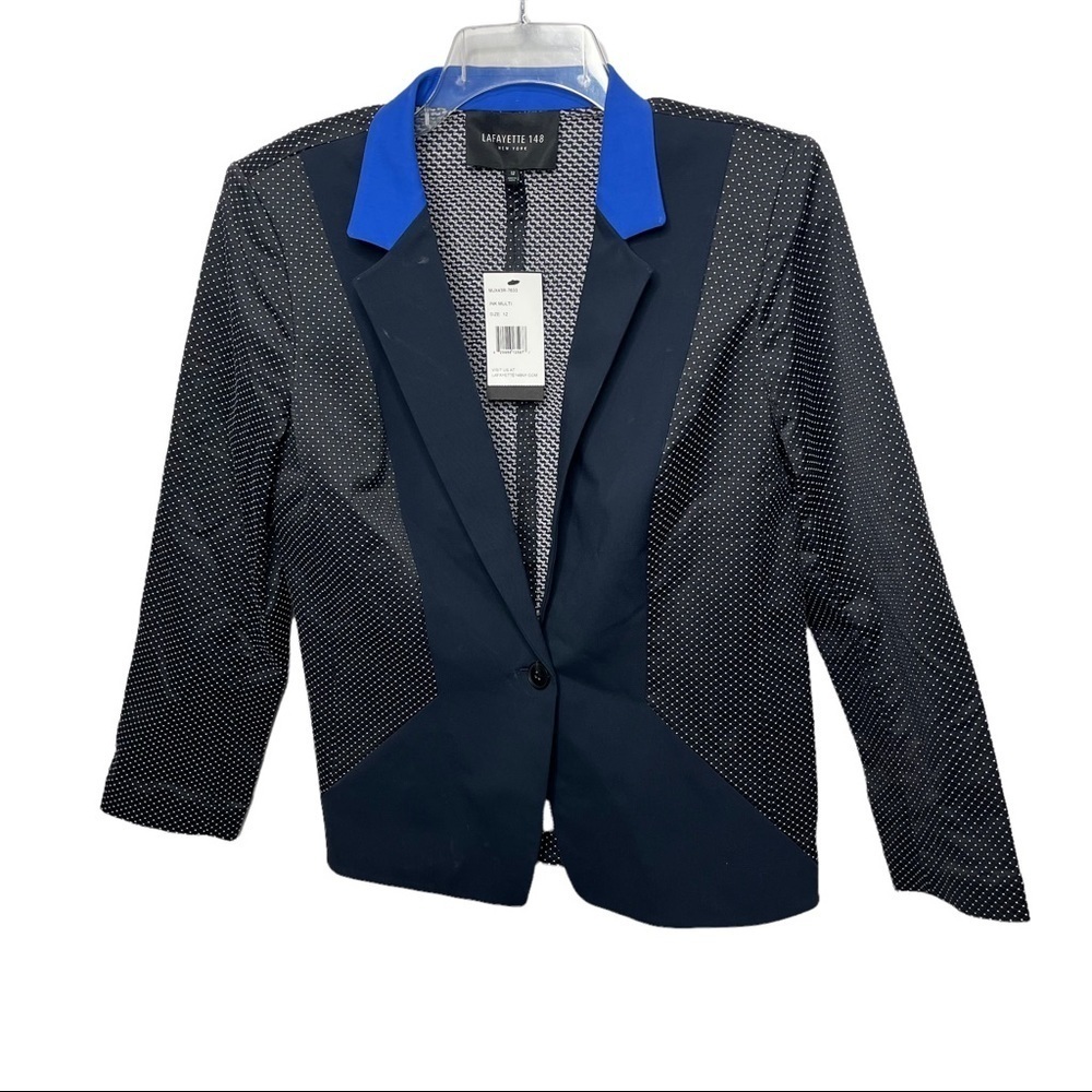 NWT Lafayette 148 Size 12 Black/Blue Polka Dot Cotton Blazer